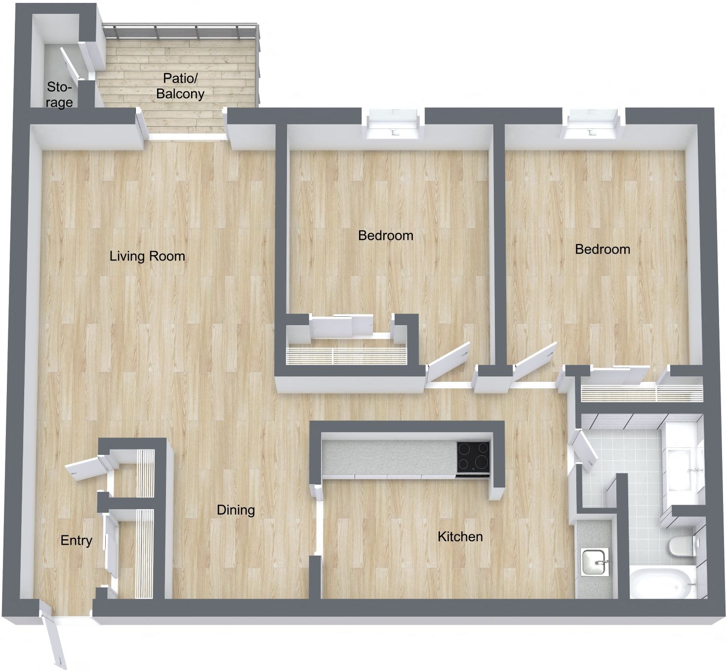 Floor plan for 2 beds, 1 bath, 1000 sqft